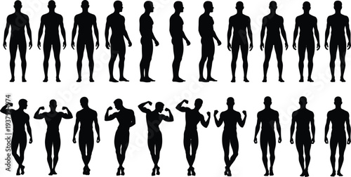 Human body silhouette poses, male figure anatomy, standing positions, dynamic movement, artistic reference, posture variation, character design, fitness illustration
