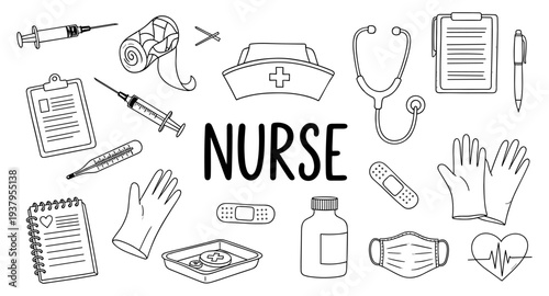 Hand-drawn medical icons and the word nurse for healthcare professionals and students