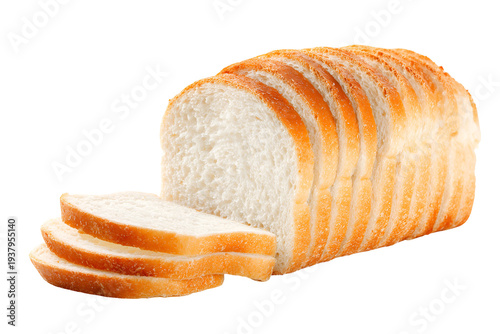 Fresh sliced white sandwich bread loaf with crusty texture isolated on white background