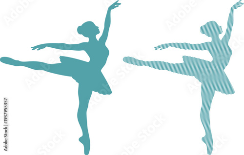 Two teal ballerinas in arabesque pose one solid one striped