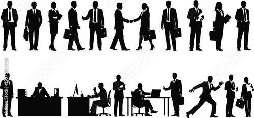 Business activity silhouette, corporate office figures, professional teamwork poses