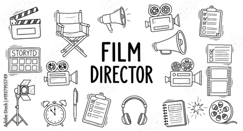Film director's essential tools and equipment collection, hand-drawn style