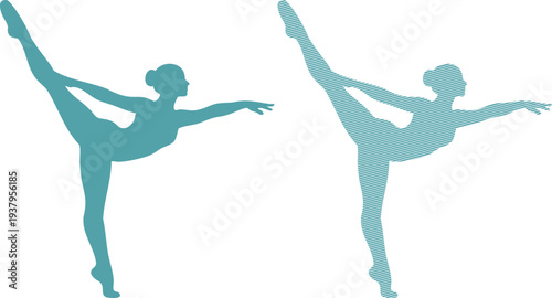 Two teal silhouettes of ballerinas in arabesque pose