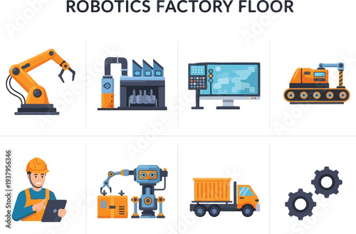 Icons depicting robotics on a factory floor including robots screens trucks gears and workers