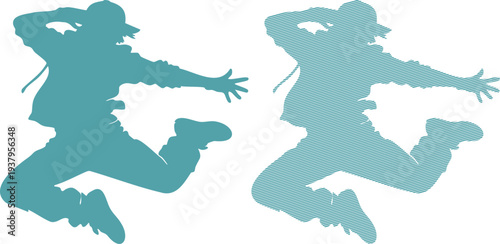 Two teal silhouettes of a person jumping in hip hop style