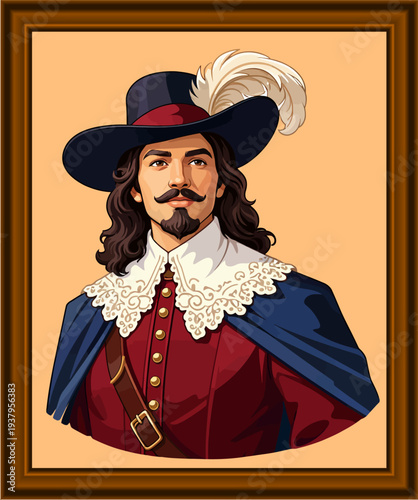 071-25-Musketeer character with mustache and goatee wearing a feathered hat and cape, framed