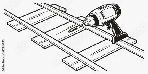 A person using a power tool to work on a wooden floor installation. Vector