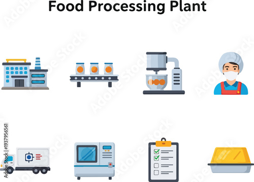 Flat illustration of food production icons including a plant equipment and worker
