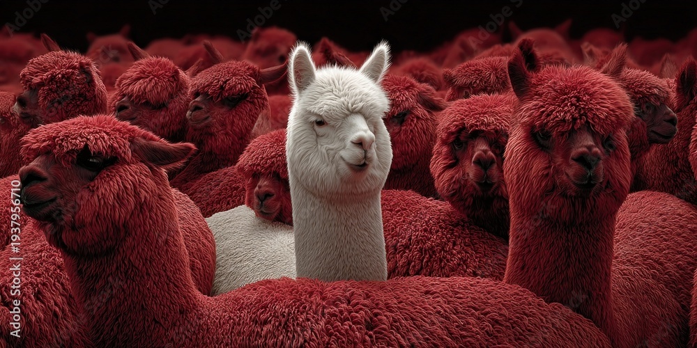 Fototapeta premium Unique white alpaca stands out amongst a herd of red alpacas in a striking contrast