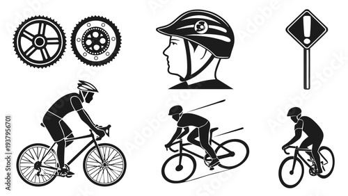 Cyclists wearing helmets and following road signs for safety and awareness Vector