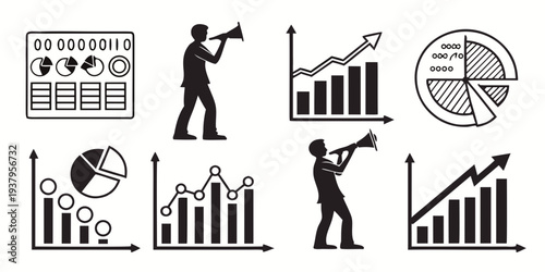 Illustrations of business people analyzing and presenting financial data and growth charts Vector