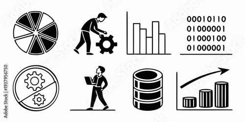 A collection of icons representing business, finance, and data analysis concepts. Vector