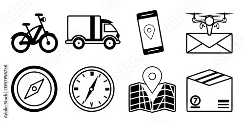 A collection of icons representing various modes of communication and transportation Vector