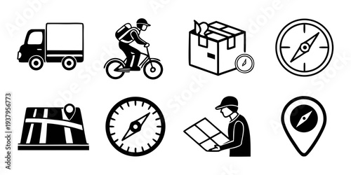Assorted icons representing various transportation, delivery, and tracking services Vector