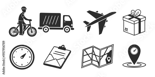 A collection of icons representing various modes of transportation and travel planning tools Vector