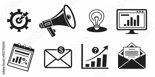 Assorted icons representing various aspects of business and communication Vector