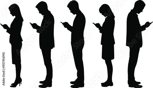 Black silhouettes of diverse business people standing in a row and using smartphones while looking down at screens isolated on white background