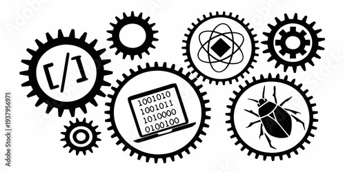 A collection of gears, a dollar sign, a bug, and a computer mouse Vector