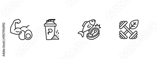 Four icons depicting fitness and nutrition elements including a bicep eggs protein shaker fish