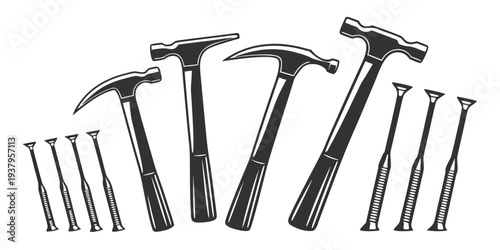 A variety of hammers and nails displayed in a row on a white background. Vector