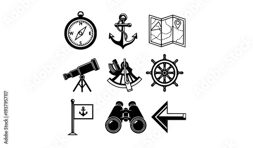 A set of nautical icons including compass, anchor, and ship wheel