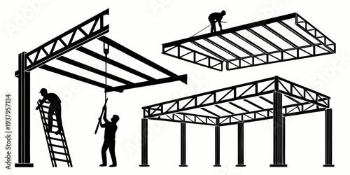 Construction workers assembling a large metal structure on a building site Vector
