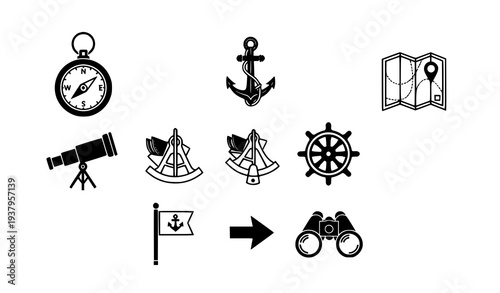 A set of nautical icons including compass, anchor, and ship wheel