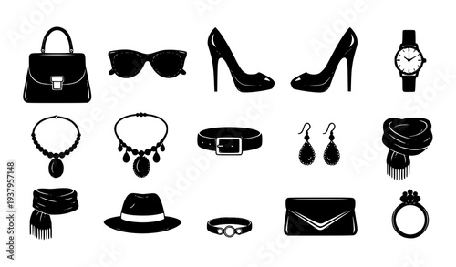 A collection of fashion accessories in a minimalist black and white design