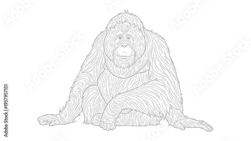 Orangutan in Contemplation: An orangutan sits pensively, its gaze fixed in deep thought. The detailed line art captures the essence of this intelligent primate in a moment of quiet reflection.