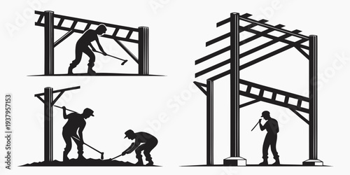 Construction workers building a steel structure with scaffolding and tools Vector