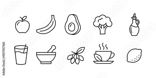 Collection of black line art icons for healthy food and drink apple banana