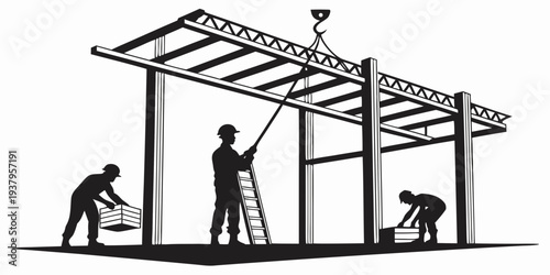 A group of people working together to build a pergola in a garden. Vector