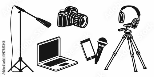 A creative workspace setup with essential tools for content creation and productivity. Vector