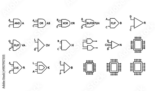 A collection of electronic circuit symbols and diagrams in a vector graphic