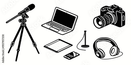 A collection of photography equipment including a camera, tripod, and accessories. Vector