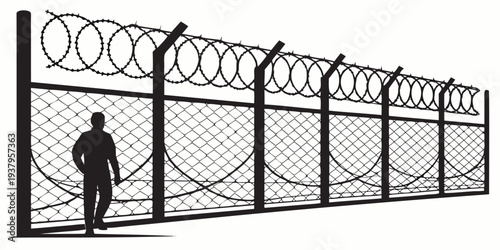 A person walking along a long fence in a snowy landscape during winter. Vector
