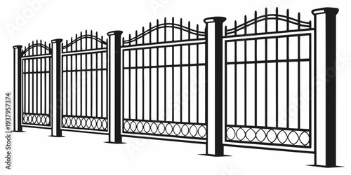 A set of ornate black metal gates with intricate designs and pointed tops. Vector