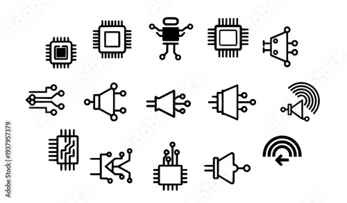 A set of black and white vector icons depicting various electronic and technological symbols