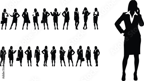 Businesswoman silhouette collection, corporate female figures, professional attire poses, office communication gestures