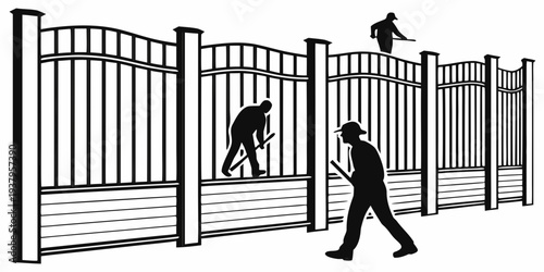 A man is climbing over a fence while another man is looking on and a third man is walking away. Vector