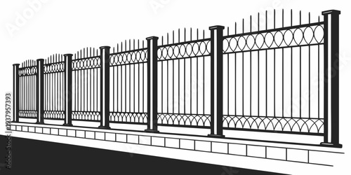 A detailed illustration of a modern glass fence with metal frame and wooden deck Vector