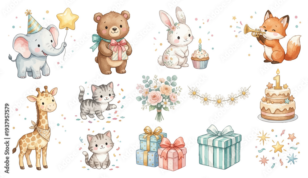Obraz premium Baby birthday party animal set. Cute baby animals birthday elements set with elephant, bear, bunny, fox. Collection of Vector illustrations. Perfect for invitation, card, poster, banner, decoration