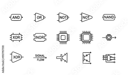 A collection of digital circuit icons and symbols in a minimalist vector graphic design