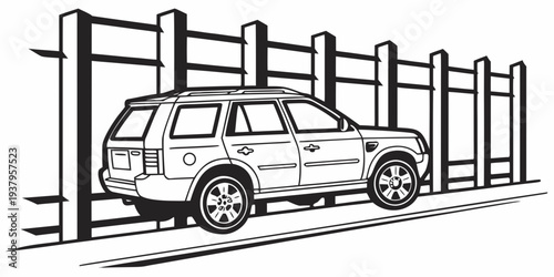 A car being lifted by a hydraulic lift in a garage setting. Vector