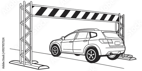 A car approaching a barrier gate at a parking lot entrance. Vector