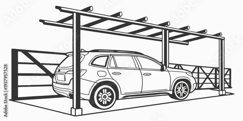 A car parked under a carport with a bicycle leaning against the side Vector