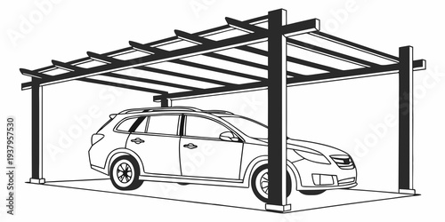 A modern car parked under a sturdy metal carport structure. Vector