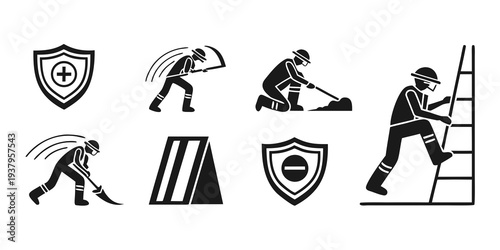 Illustrations of safety symbols and workers performing various tasks Vector