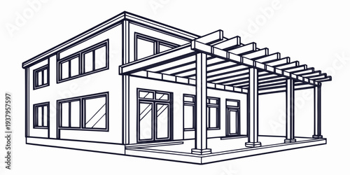A detailed line drawing of a large, multi-story building with a prominent entrance. Vector