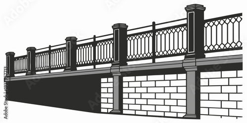 A detailed black and white illustration of a brick building with a balcony Vector